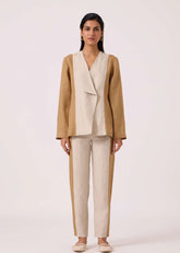 A Model Wearing Multicolor Linen Dimtri Linen Panelled Jacket, curated by Only Ethikal