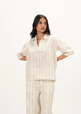 A Model Wearing Off-White Linen Off White Linen Striped Collar Neck Top, curated by Only Ethikal