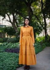 A Model Wearing Yellow Wool Mustard Misha Skirt Set, curated by Only Ethikal