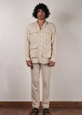 Men'S Cream Crush Cotton Pocket Shirt & Pant Set (2 Pcs)