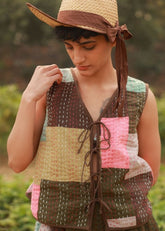 A Model Wearing Multicolor Upcycled Cotton Mila Kantha Patchwork Jacket, curated by Only Ethikal