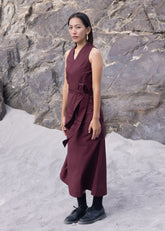 A Model Wearing Red Cotton Linen Red Cotton Linen Lhasa Chuba Dress, curated by Only Ethikal