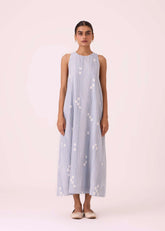 A Model Wearing Multicolor Handwoven Cotton Amaran Blue Ikat Maxi Dress, curated by Only Ethikal