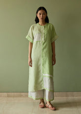 A Model Wearing Green Linen Pira Stripe Linen Tunic Kaftan Set- Meadow, curated by Only Ethikal