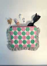 Sustainable Quilted Cotton Travel Pouch- Pebbles Purple & Green Organizer