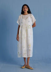 Uniko Pleated Floral Linen Dress - White