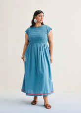A Model Wearing Blue Handwoven Cotton The Azure Cotton Blue Maxi Dress, curated by Only Ethikal