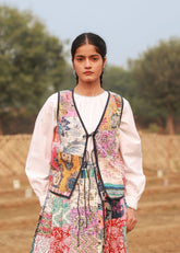 A Model Wearing Multicolor Upcycled Cotton Mila Patchwork Jacket, curated by Only Ethikal