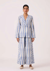 A Model Wearing Multicolor Handwoven Cotton Dimtri Blue Striped Ikat Jacket, curated by Only Ethikal