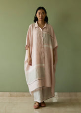 A Model Wearing Pink Linen Bora Colour-Blocked Linen Kaftan Set- Blush, curated by Only Ethikal