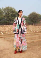 A Model Wearing Multicolor Upcycled Cotton Avery Patchwork Jacket, curated by Only Ethikal