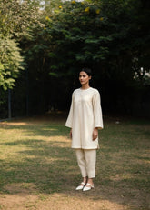 A Model Wearing White Wool White Iris Coord, curated by Only Ethikal