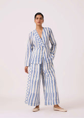 A Model Wearing Multicolor Handwoven Cotton Ivan Blue Striped Ikat Pants, curated by Only Ethikal