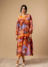 A Model Wearing Orange Organic Cotton Twig Drop Waist Dress, curated by Only Ethikal