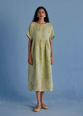 Uniko Pleated Floral Linen Dress - Mint