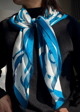 A Model Wearing Multicolor Silk Blue Trin - Pa Silk Scarf, curated by Only Ethikal