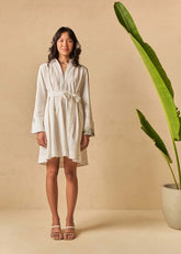 A Model Wearing White Organic Cotton Easy Breezy Ocean organic cotton dress, curated by Only Ethikal