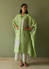A Model Wearing Green Linen Bora Colour Blocked Linen Kaftan Set- Meadow, curated by Only Ethikal