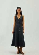 Denim Top Stitch Belted Midi Dress