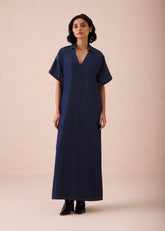 A Model Wearing Blue Denim The Slow Sustainable Denim Maxi Dress, curated by Only Ethikal
