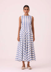 A Model Wearing Multicolor Handwoven Cotton Myshkin Blue Striped Ikat Dress, curated by Only Ethikal