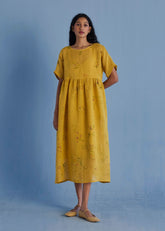 Uniko Pleated Floral Linen Dress - Ochre