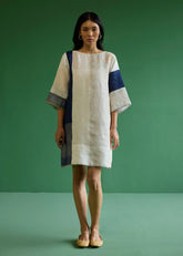 A Model Wearing Ivory Linen Lina Color-Blocked Linen Dress- Ivory, curated by Only Ethikal