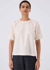 A Model Wearing Beige Handwoven Cotton Loto Ivory Khadi Top With Statement Sleeve L, curated by Only Ethikal