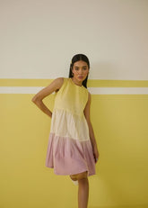 A Model Wearing Multicolor Handwoven Cotton The Sunshine Island Kala Cotton Mini Dress , curated by Only Ethikal