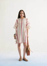 A Model Wearing Off White Handwoven Cotton Saltwater Summer Cotton Off-White Kaftan Dress, curated by Only Ethikal