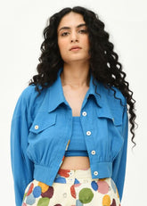 A Model Wearing Multicolor Organic Cotton Deep Space Crop Jacket , curated by Only Ethikal