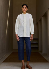 A Model Wearing White Handwoven Cotton Ryuk Handwoven Embroidered Shirt , curated by Only Ethikal