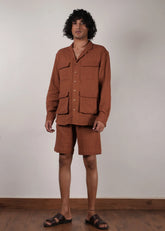 Men'S Brown Crush Cotton Pocket Shirt & Shorts Set (2 Pcs)