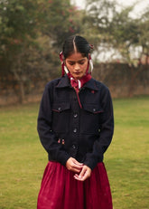 A Model Wearing Blue Wool Remi Blue Jacket, curated by Only Ethikal