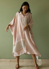 A Model Wearing Pink Linen Bora Colour Blocked Linen Kaftan- Blush, curated by Only Ethikal