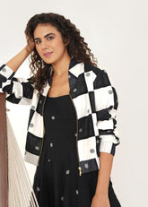 A Model Wearing Multicolor Handwoven Cotton Olivia Jacket , curated by Only Ethikal