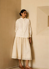 A Model Wearing White Handwoven Cotton Yeji Handwoven Embroidered Shirt , curated by Only Ethikal
