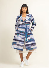 A Model Wearing Multicolor Upcycled Cotton Sky Patchwork Trench, curated by Only Ethikal