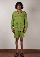 Men'S Green Crush Cotton Pocket Shirt & Shorts Set (2 Pcs)