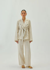 Linen Off White Cinched-Waist Striped Jacket