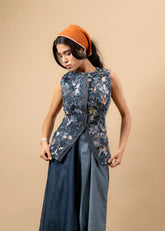 A Model Wearing Blue Upcycled Denim Ida Upcycled Denim Waistcoat, curated by Only Ethikal