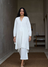 A Model Wearing White Cotton Khadi Woodstock Milk Set , curated by Only Ethikal