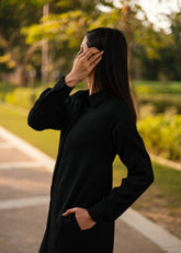 A Model Wearing Black Wool Black Zinniadress , curated by Only Ethikal