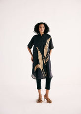 A Model Wearing Multicolor,Cotton Mul Shadow Leaf Kurta Set curated by Only Ethikal