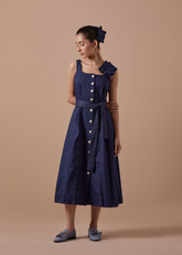 A Model Wearing Blue Organic Cotton Boss Dress, curated by Only Ethikal