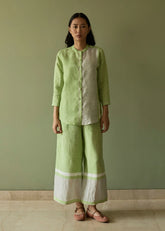 A Model Wearing Green Linen Aline Border Linen Co-Ord Set- Meadow, curated by Only Ethikal
