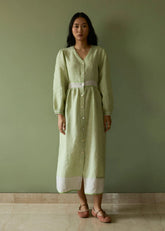 A Model Wearing Multicolor Linen Liana Stripe Linen Dress- Meadow, curated by Only Ethikal