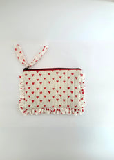 Sustainable Quilted Cotton Travel Pouch Flat Frill- Organizer- Red Hearts On White