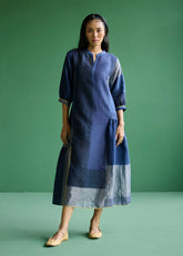 A Model Wearing Navy Linen Nura Metallic Linen Paneled Dress- Navy, curated by Only Ethikal