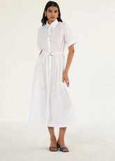 A Model Wearing White Poplin White Poplin Shirt Dress With Top Stitch, curated by Only Ethikal